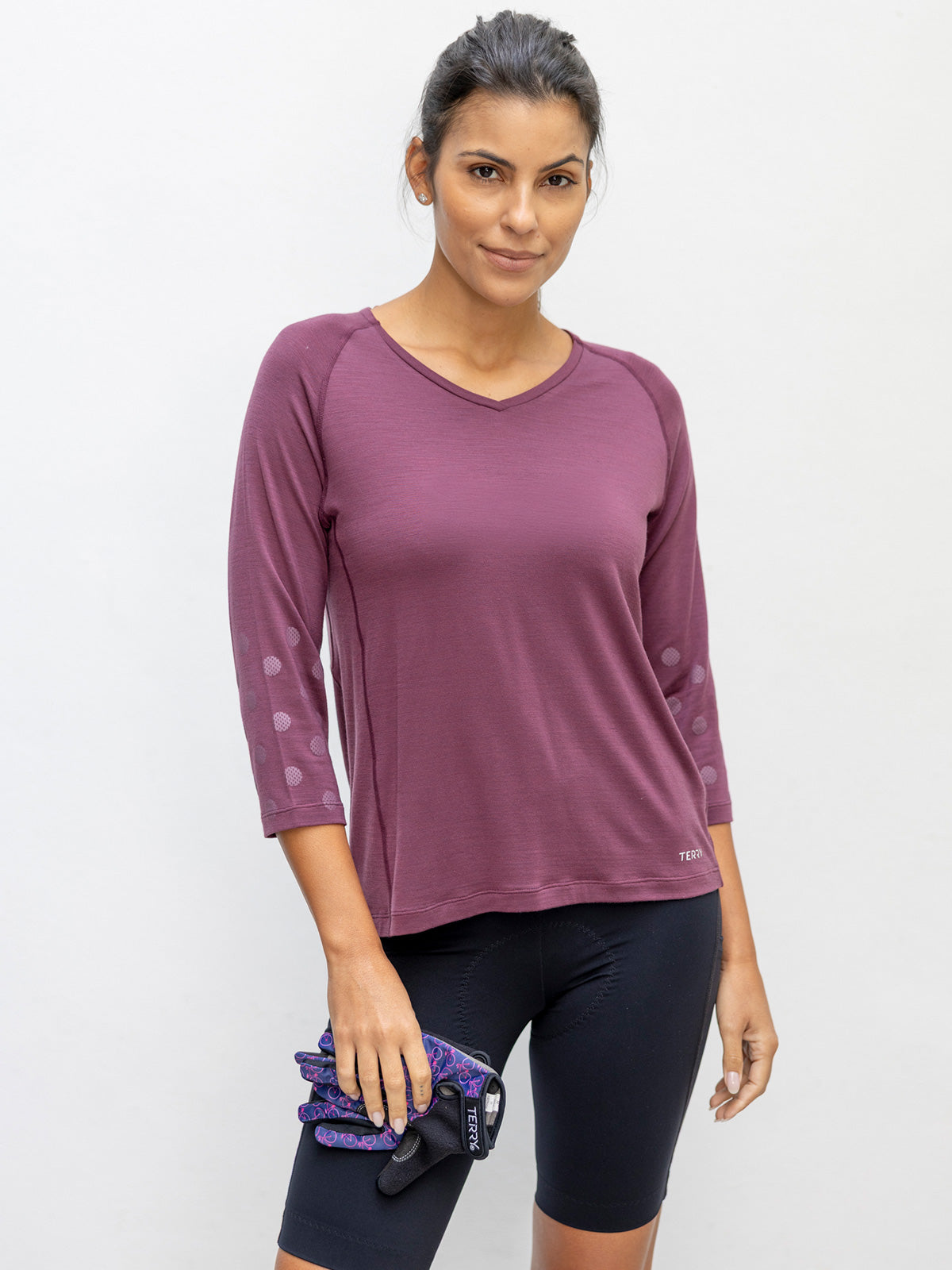 Terry Merino 3/4 Sleeve Bike Top in color || Wine Dots